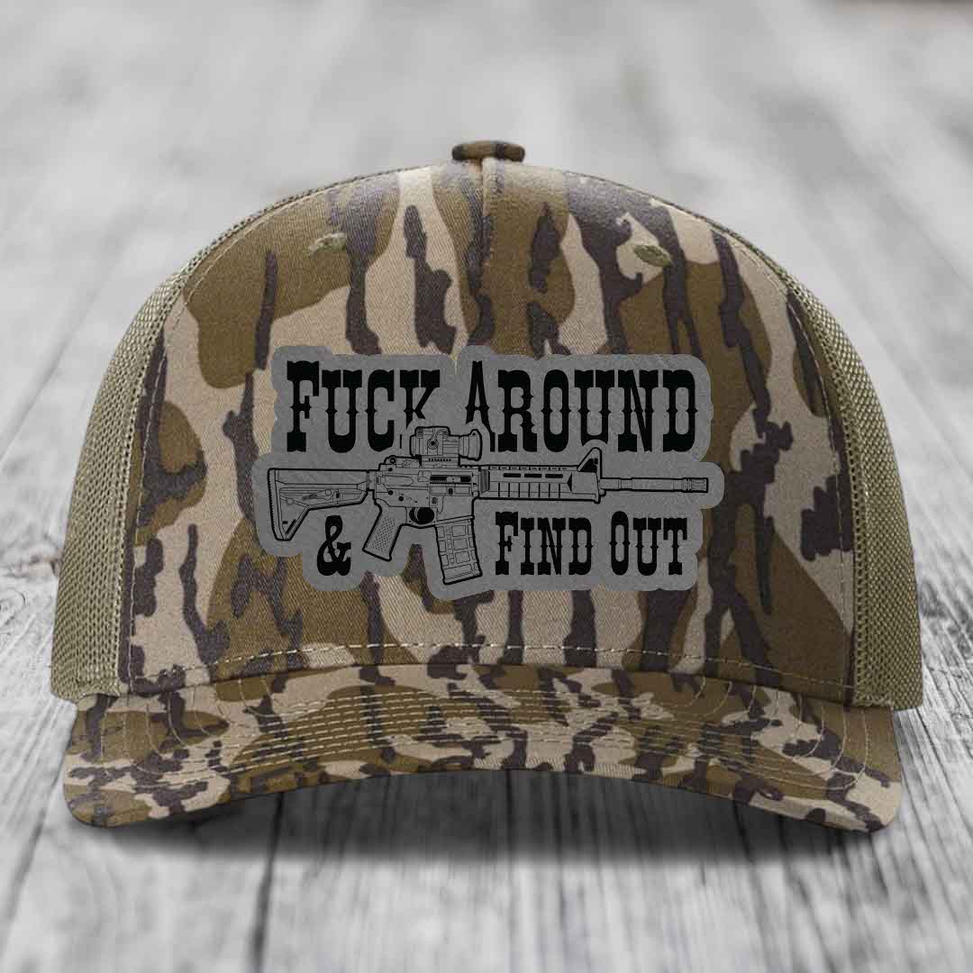F*ck Around &amp; Find Out (AR-15) - Leather Patch Hat - Grey to Black Patch - Richardson 112PFP Snapback Trucker Hat