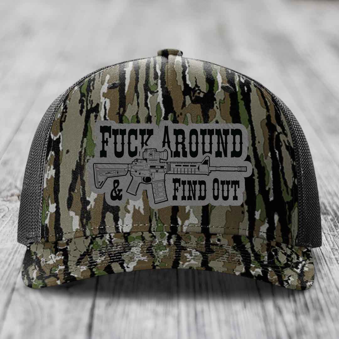 F*ck Around &amp; Find Out (AR-15) - Leather Patch Hat - Grey to Black Patch - Richardson 112PFP Snapback Trucker Hat