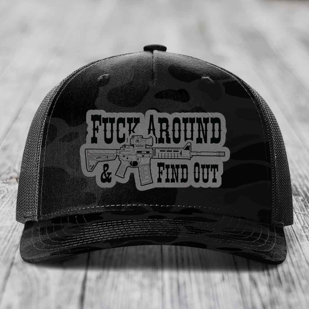 F*ck Around &amp; Find Out (AR-15) - Leather Patch Hat - Grey to Black Patch - Richardson 112PFP Snapback Trucker Hat