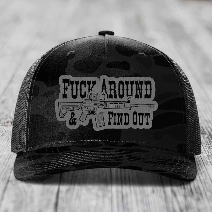 F*ck Around &amp; Find Out (AR-15) - Leather Patch Hat - Grey to Black Patch - Richardson 112PFP Snapback Trucker Hat