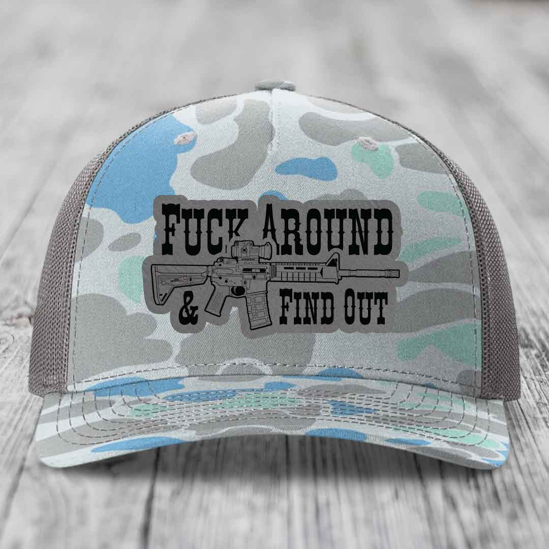 F*ck Around &amp; Find Out (AR-15) - Leather Patch Hat - Grey to Black Patch - Richardson 112PFP Snapback Trucker Hat