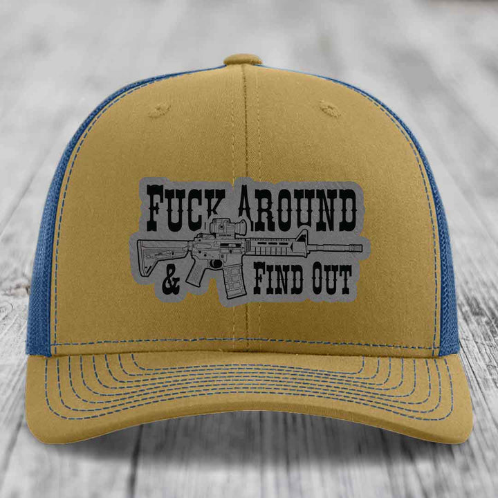 F*ck Around &amp; Find Out (AR-15) - Leather Patch Hat - Grey to Black Patch - Richardson 112 Snapback Trucker Hat
