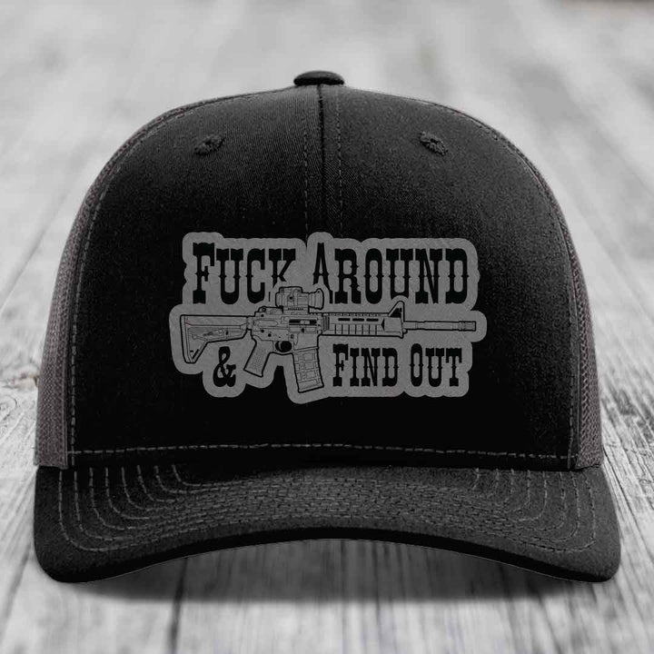 F*ck Around &amp; Find Out (AR-15) - Leather Patch Hat - Grey to Black Patch - Richardson 112 Snapback Trucker Hat