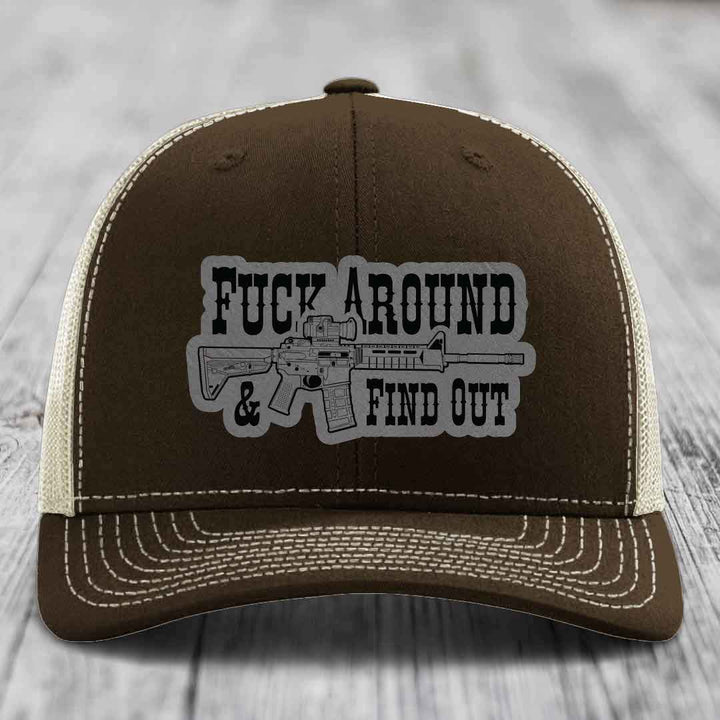 F*ck Around &amp; Find Out (AR-15) - Leather Patch Hat - Grey to Black Patch - Richardson 112 Snapback Trucker Hat