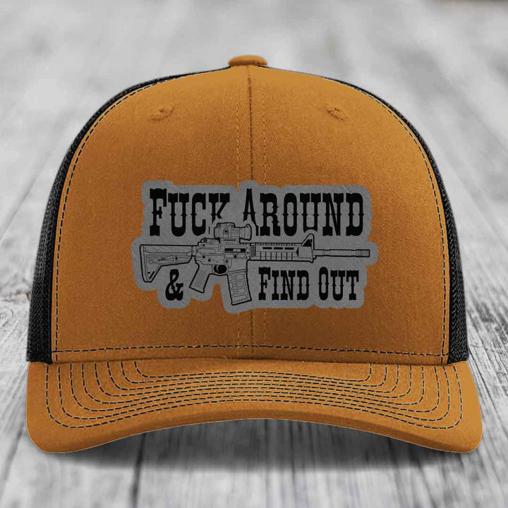 F*ck Around &amp; Find Out (AR-15) - Leather Patch Hat - Grey to Black Patch - Richardson 112 Snapback Trucker Hat