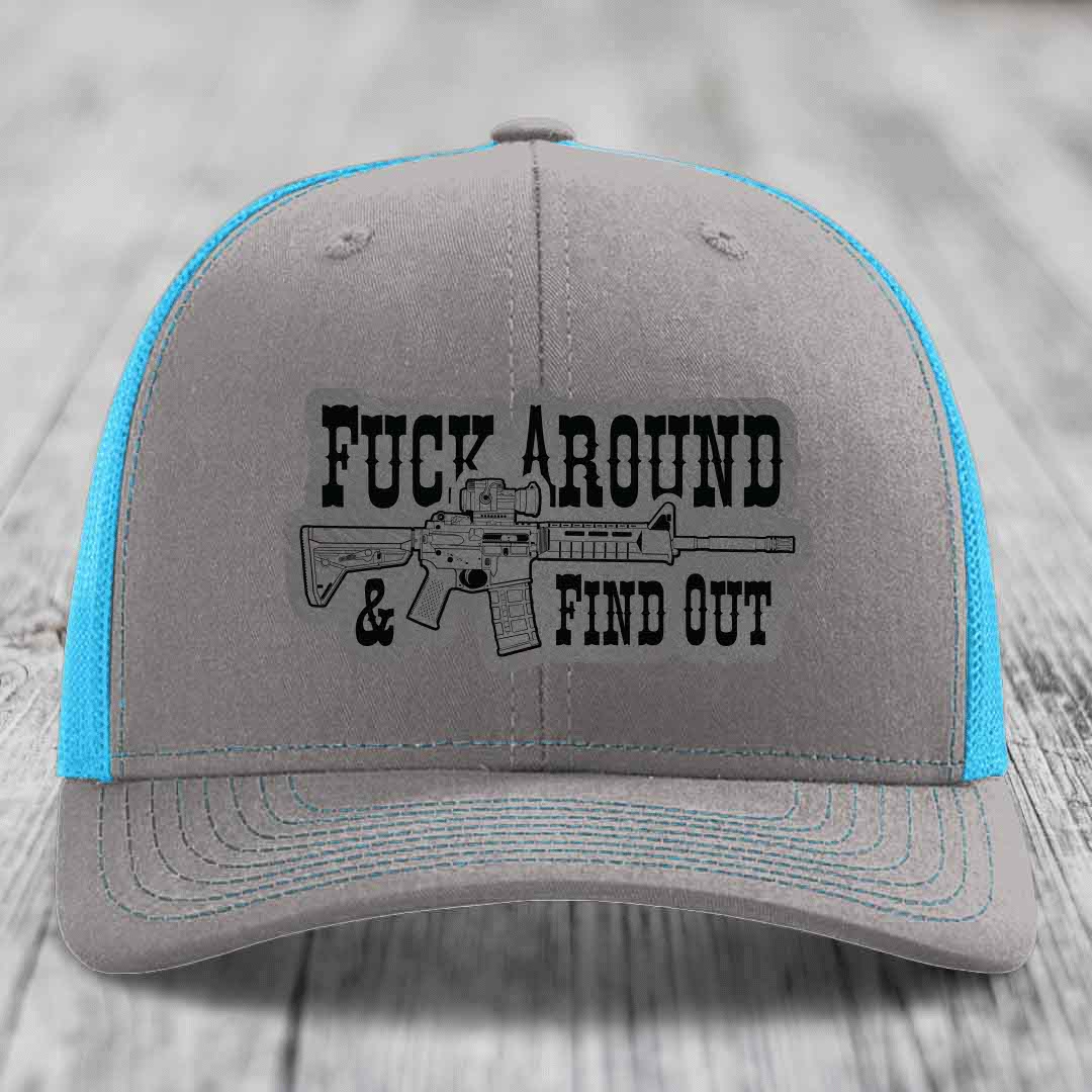 F*ck Around &amp; Find Out (AR-15) - Leather Patch Hat - Grey to Black Patch - Richardson 112 Snapback Trucker Hat