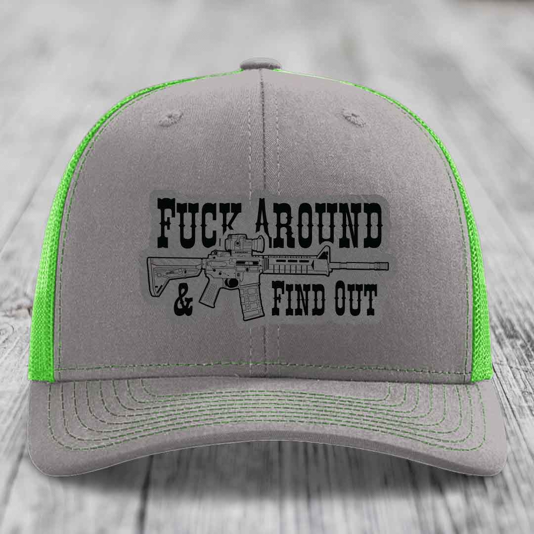 F*ck Around &amp; Find Out (AR-15) - Leather Patch Hat - Grey to Black Patch - Richardson 112 Snapback Trucker Hat