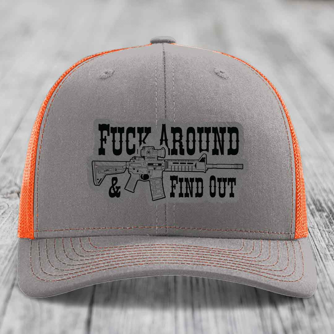 F*ck Around &amp; Find Out (AR-15) - Leather Patch Hat - Grey to Black Patch - Richardson 112 Snapback Trucker Hat