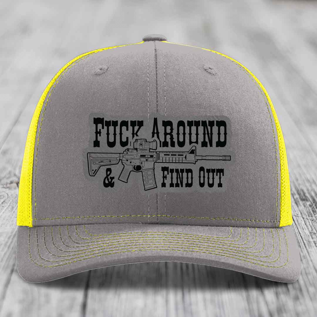 F*ck Around &amp; Find Out (AR-15) - Leather Patch Hat - Grey to Black Patch - Richardson 112 Snapback Trucker Hat