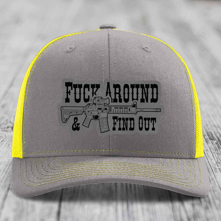 F*ck Around &amp; Find Out (AR-15) - Leather Patch Hat - Grey to Black Patch - Richardson 112 Snapback Trucker Hat