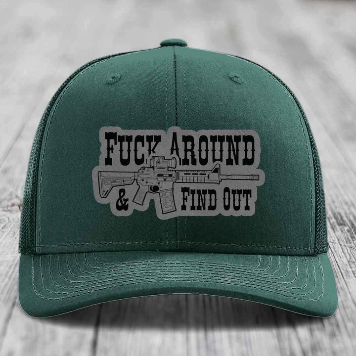 F*ck Around &amp; Find Out (AR-15) - Leather Patch Hat - Grey to Black Patch - Richardson 112 Snapback Trucker Hat