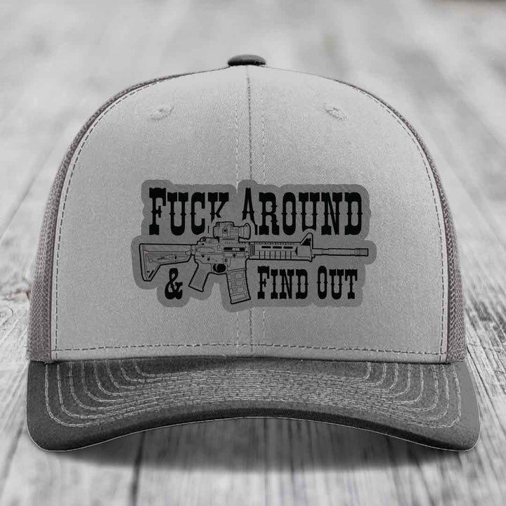 F*ck Around &amp; Find Out (AR-15) - Leather Patch Hat - Grey to Black Patch - Richardson 112 Snapback Trucker Hat