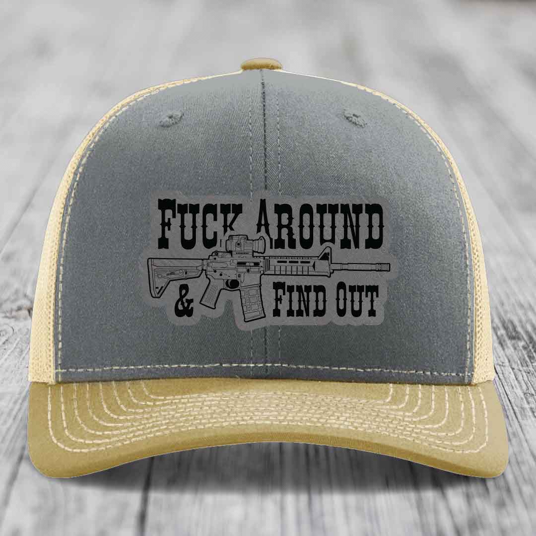 F*ck Around &amp; Find Out (AR-15) - Leather Patch Hat - Grey to Black Patch - Richardson 112 Snapback Trucker Hat