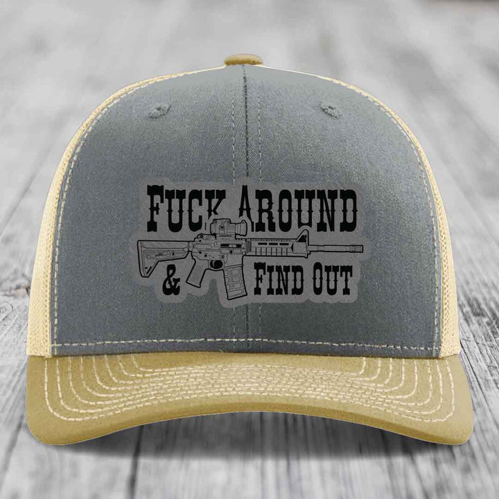 F*ck Around &amp; Find Out (AR-15) - Leather Patch Hat - Grey to Black Patch - Richardson 112 Snapback Trucker Hat