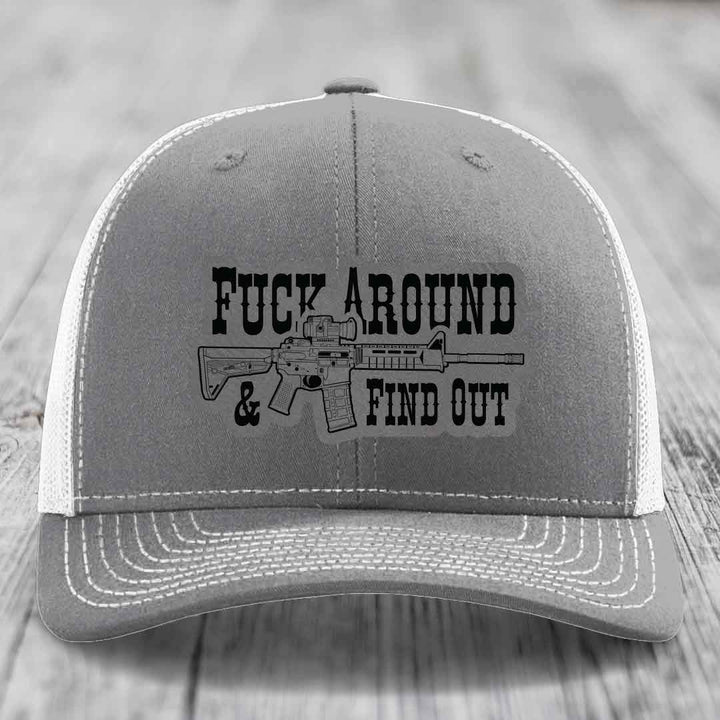 F*ck Around &amp; Find Out (AR-15) - Leather Patch Hat - Grey to Black Patch - Richardson 112 Snapback Trucker Hat
