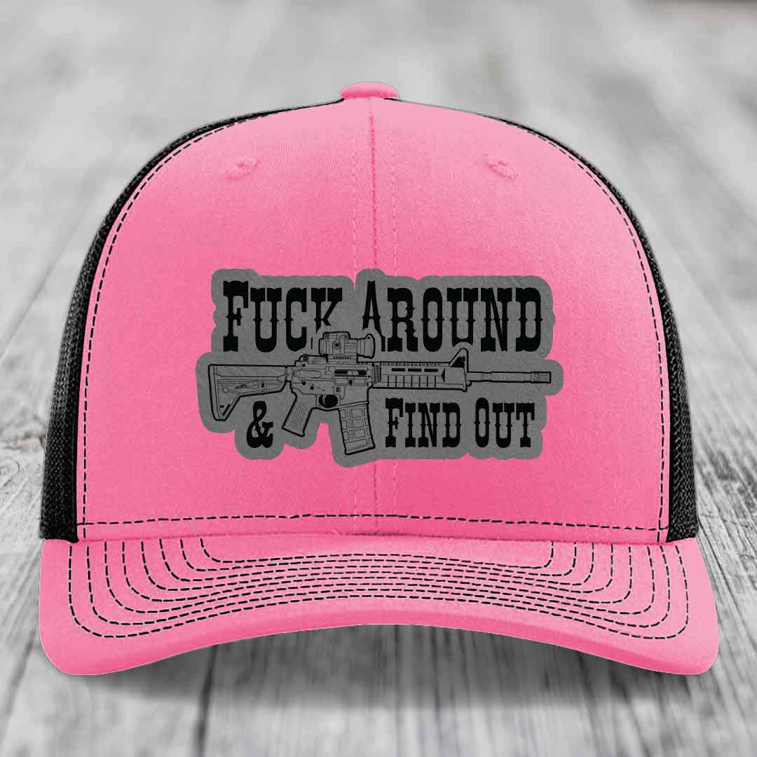 F*ck Around &amp; Find Out (AR-15) - Leather Patch Hat - Grey to Black Patch - Richardson 112 Snapback Trucker Hat