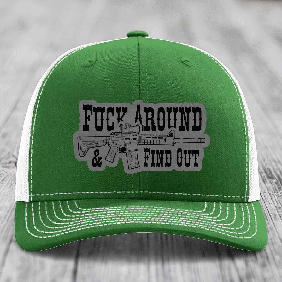 F*ck Around &amp; Find Out (AR-15) - Leather Patch Hat - Grey to Black Patch - Richardson 112 Snapback Trucker Hat