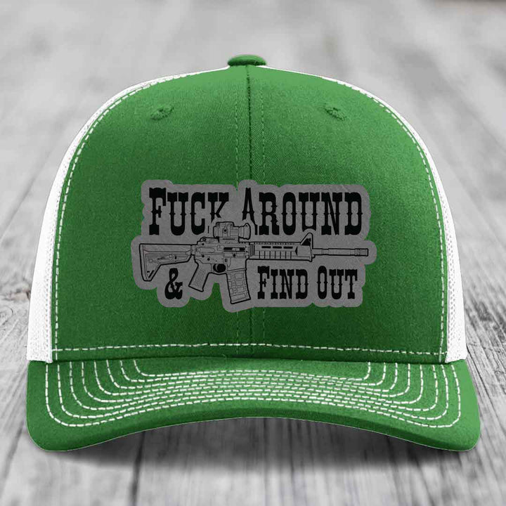 F*ck Around &amp; Find Out (AR-15) - Leather Patch Hat - Grey to Black Patch - Richardson 112 Snapback Trucker Hat