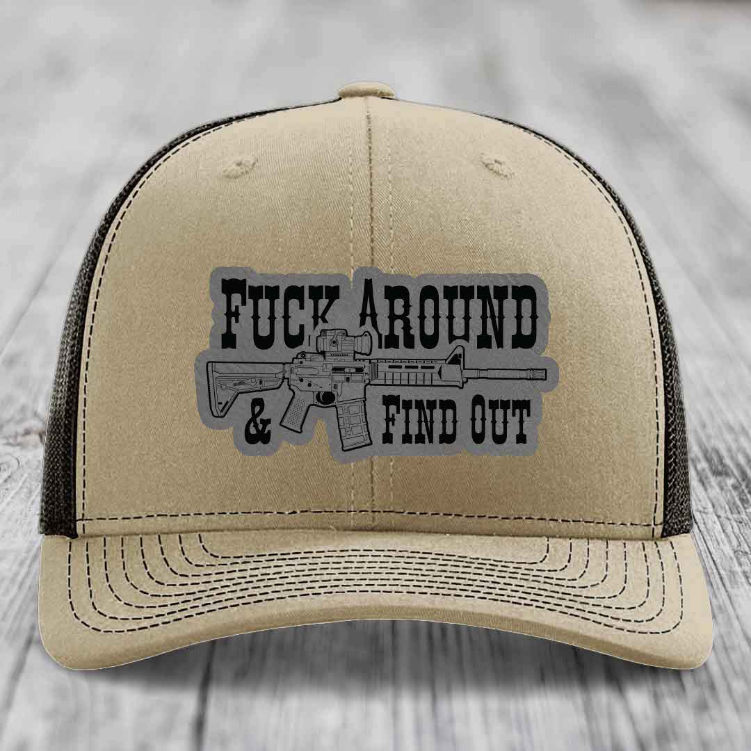 F*ck Around &amp; Find Out (AR-15) - Leather Patch Hat - Grey to Black Patch - Richardson 112 Snapback Trucker Hat