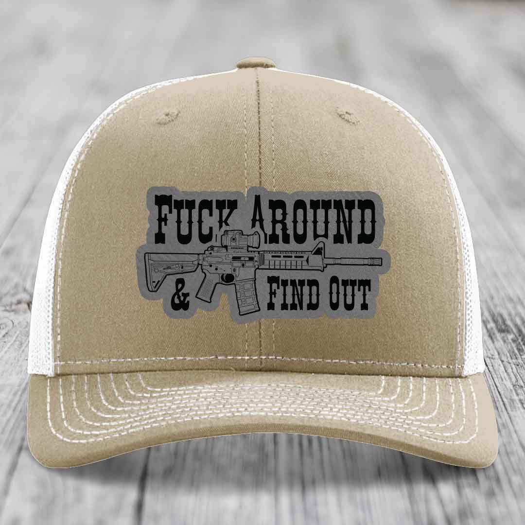 F*ck Around &amp; Find Out (AR-15) - Leather Patch Hat - Grey to Black Patch - Richardson 112 Snapback Trucker Hat