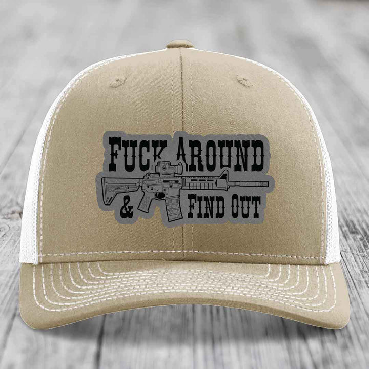 F*ck Around &amp; Find Out (AR-15) - Leather Patch Hat - Grey to Black Patch - Richardson 112 Snapback Trucker Hat