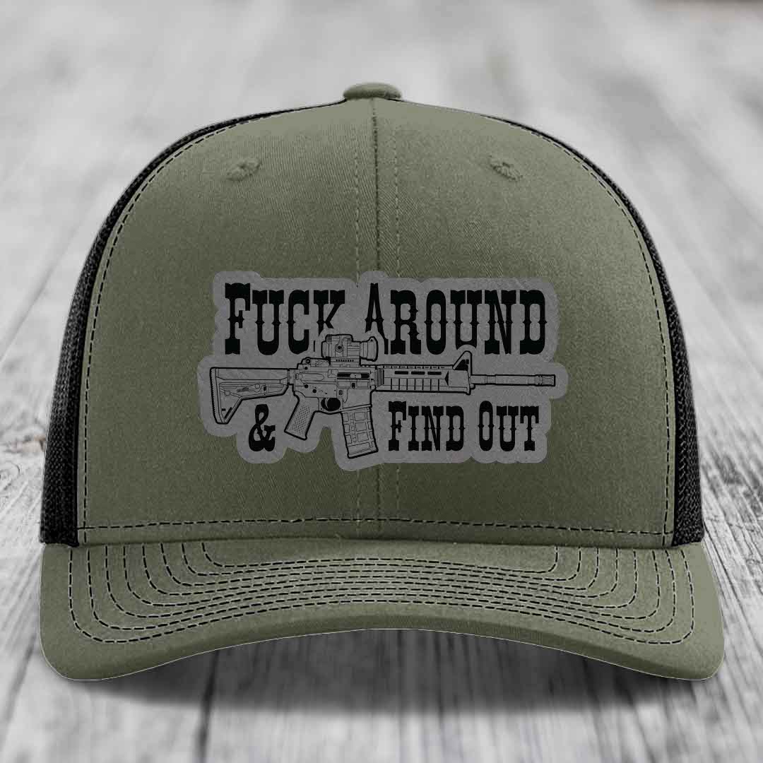 F*ck Around &amp; Find Out (AR-15) - Leather Patch Hat - Grey to Black Patch - Richardson 112 Snapback Trucker Hat