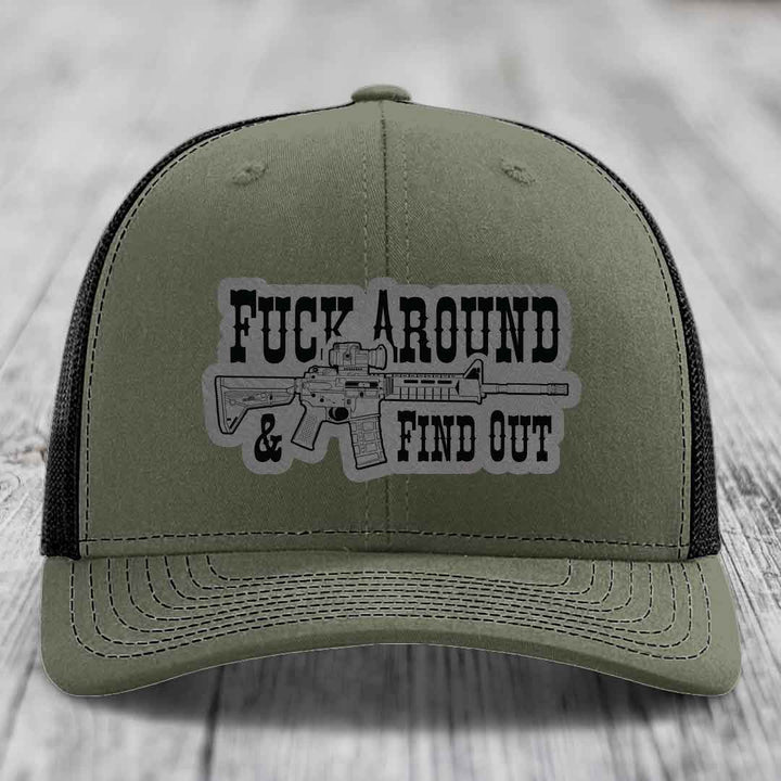 F*ck Around &amp; Find Out (AR-15) - Leather Patch Hat - Grey to Black Patch - Richardson 112 Snapback Trucker Hat