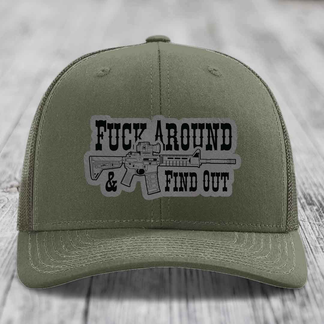 F*ck Around &amp; Find Out (AR-15) - Leather Patch Hat - Grey to Black Patch - Richardson 112 Snapback Trucker Hat