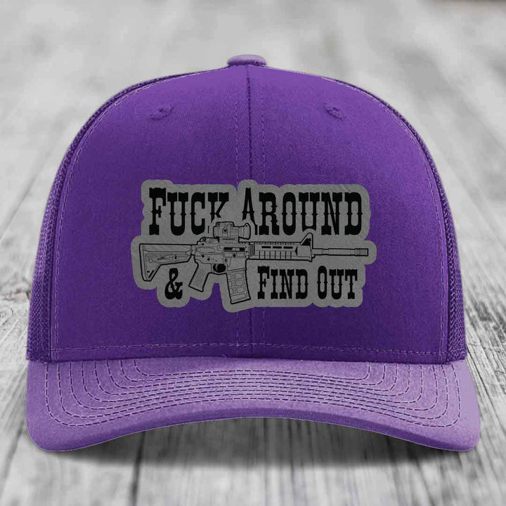 F*ck Around &amp; Find Out (AR-15) - Leather Patch Hat - Grey to Black Patch - Richardson 112 Snapback Trucker Hat