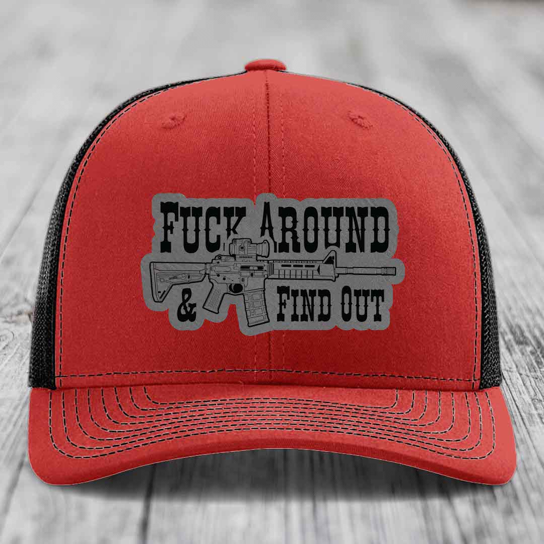 F*ck Around &amp; Find Out (AR-15) - Leather Patch Hat - Grey to Black Patch - Richardson 112 Snapback Trucker Hat