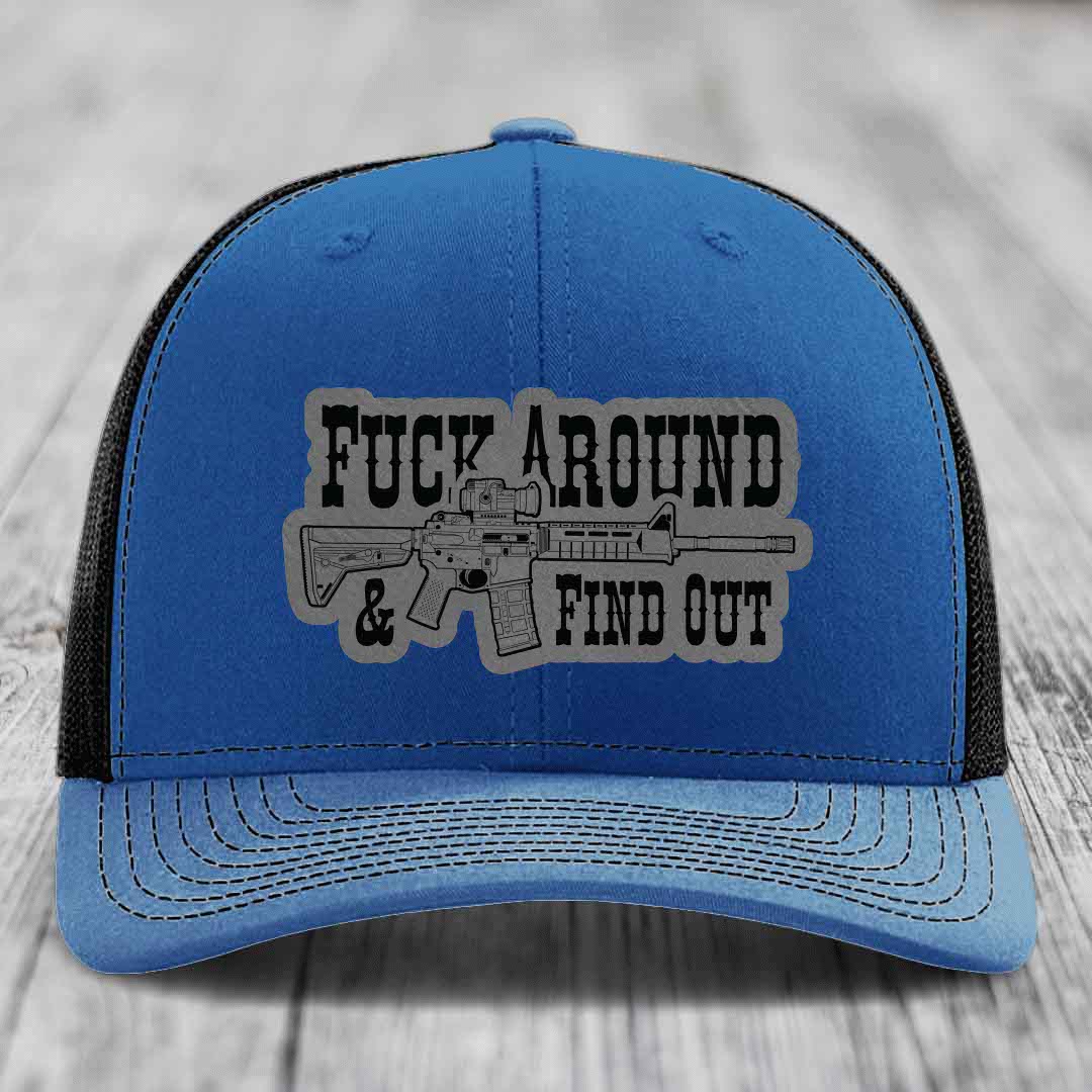 F*ck Around &amp; Find Out (AR-15) - Leather Patch Hat - Grey to Black Patch - Richardson 112 Snapback Trucker Hat