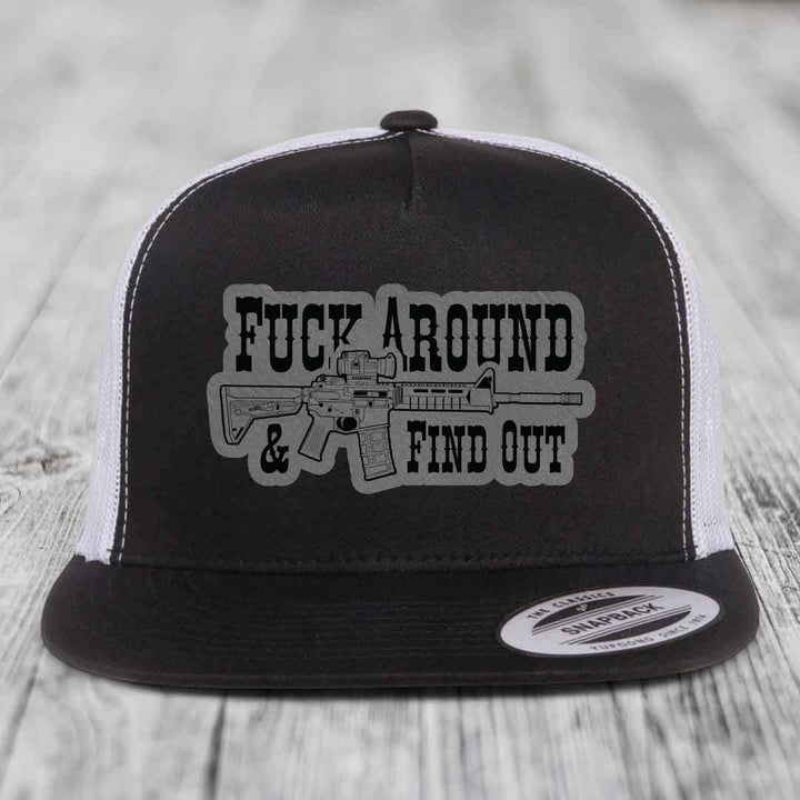 F*ck Around &amp; Find Out (AR-15) - Leather Patch Hat - Grey to Black Patch - Yupoong 6006 Snapback Flatbill Hat