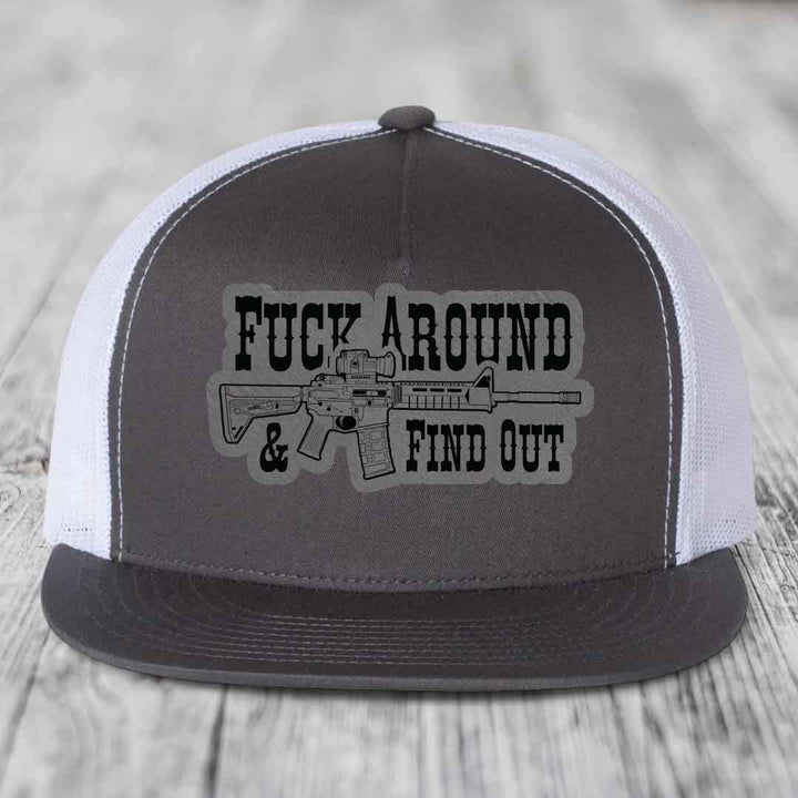 F*ck Around &amp; Find Out (AR-15) - Leather Patch Hat - Grey to Black Patch - Yupoong 6006 Snapback Flatbill Hat