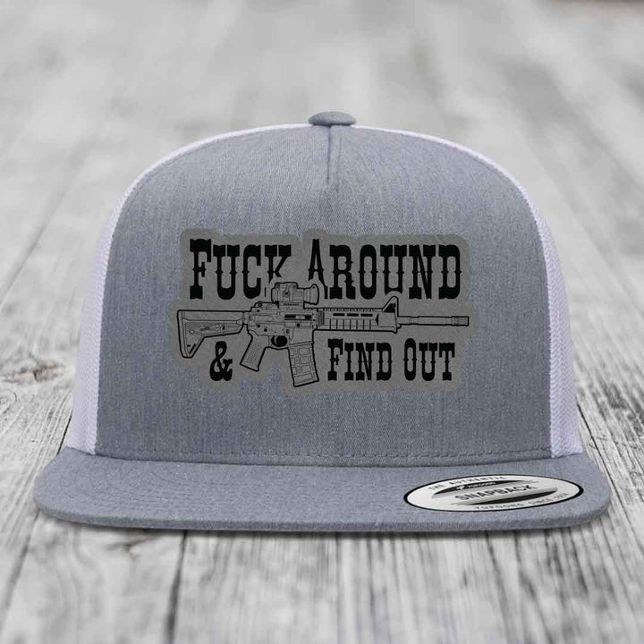 F*ck Around &amp; Find Out (AR-15) - Leather Patch Hat - Grey to Black Patch - Yupoong 6006 Snapback Flatbill Hat