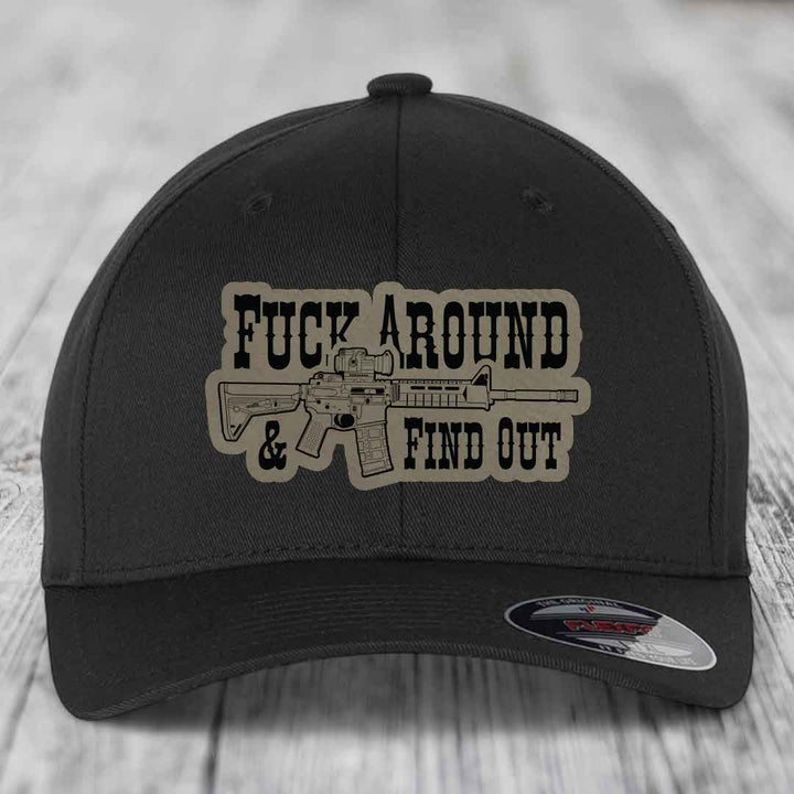 F*ck Around &amp; Find Out (AR-15) - Leather Patch Hat - Light Brown to Black Patch - Flexfit 6277 Fitted Hat