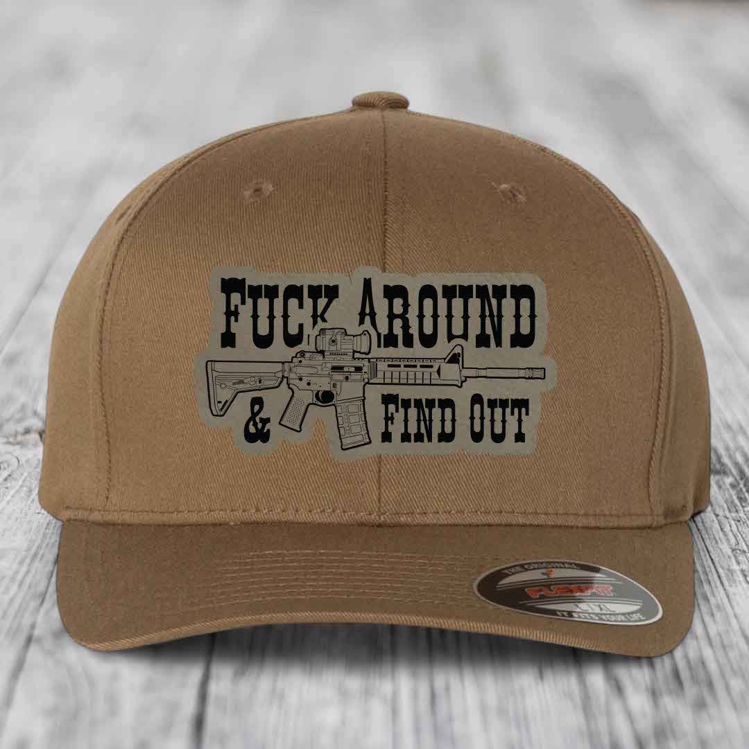 F*ck Around &amp; Find Out (AR-15) - Leather Patch Hat - Light Brown to Black Patch - Flexfit 6277 Fitted Hat