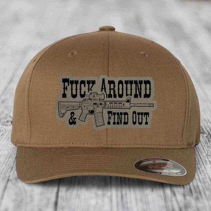 F*ck Around &amp; Find Out (AR-15) - Leather Patch Hat - Light Brown to Black Patch - Flexfit 6277 Fitted Hat