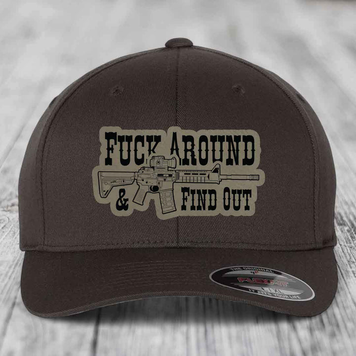 F*ck Around &amp; Find Out (AR-15) - Leather Patch Hat - Light Brown to Black Patch - Flexfit 6277 Fitted Hat