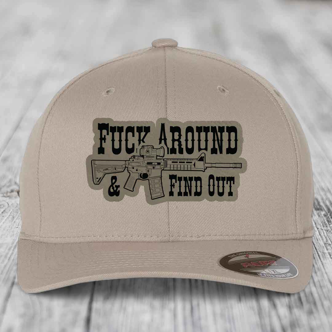 F*ck Around &amp; Find Out (AR-15) - Leather Patch Hat - Light Brown to Black Patch - Flexfit 6277 Fitted Hat