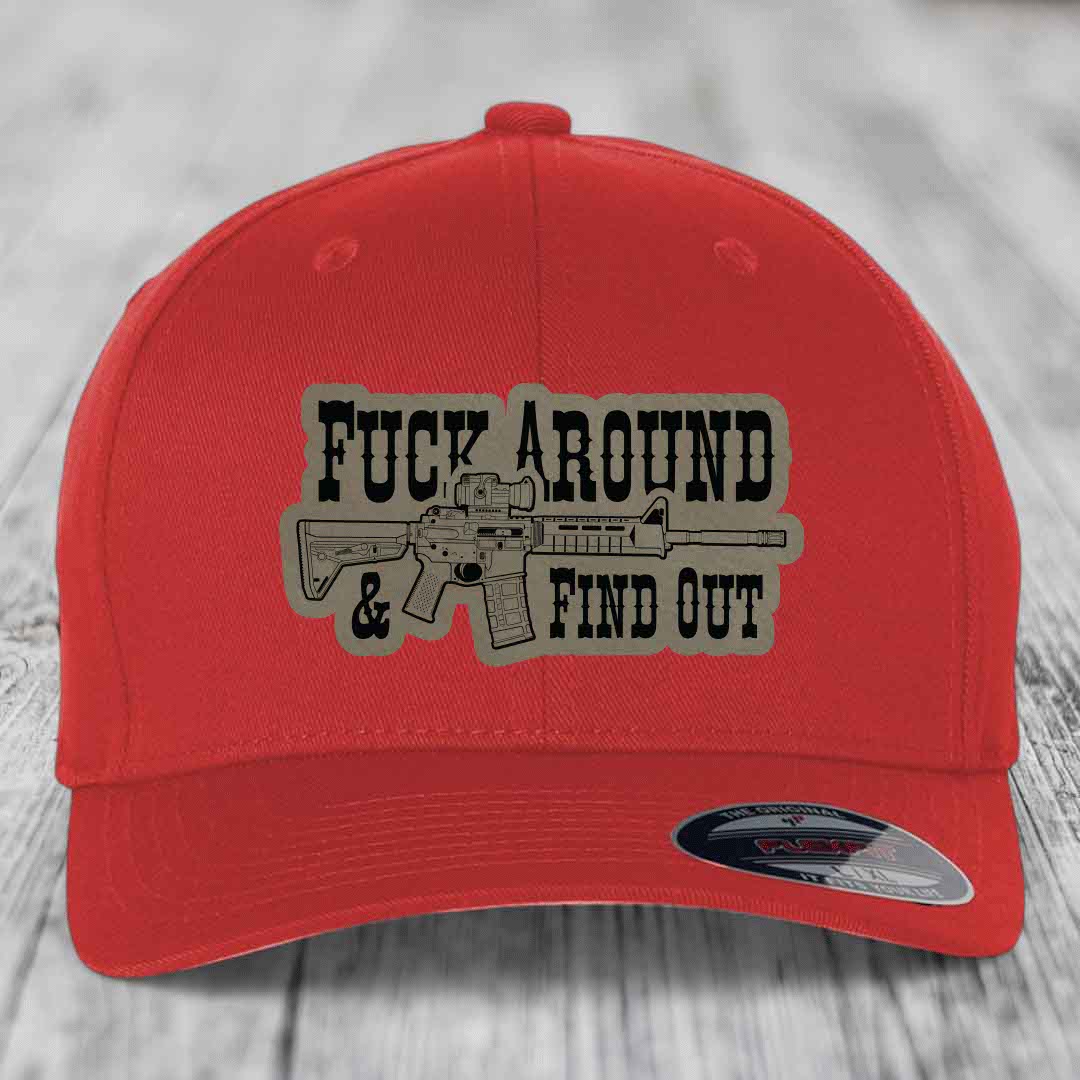 F*ck Around &amp; Find Out (AR-15) - Leather Patch Hat - Light Brown to Black Patch - Flexfit 6277 Fitted Hat