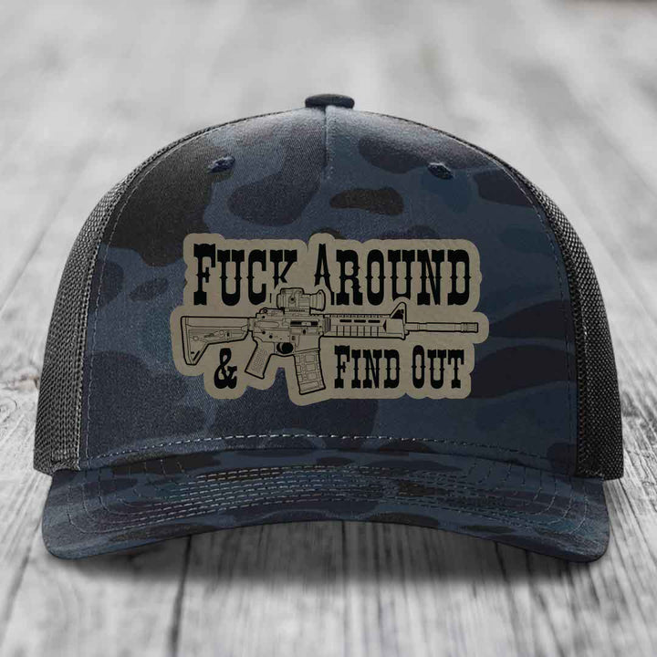 F*ck Around &amp; Find Out (AR-15) - Leather Patch Hat - Light Brown to Black Patch - Richardson 112PFP Snapback Trucker Hat