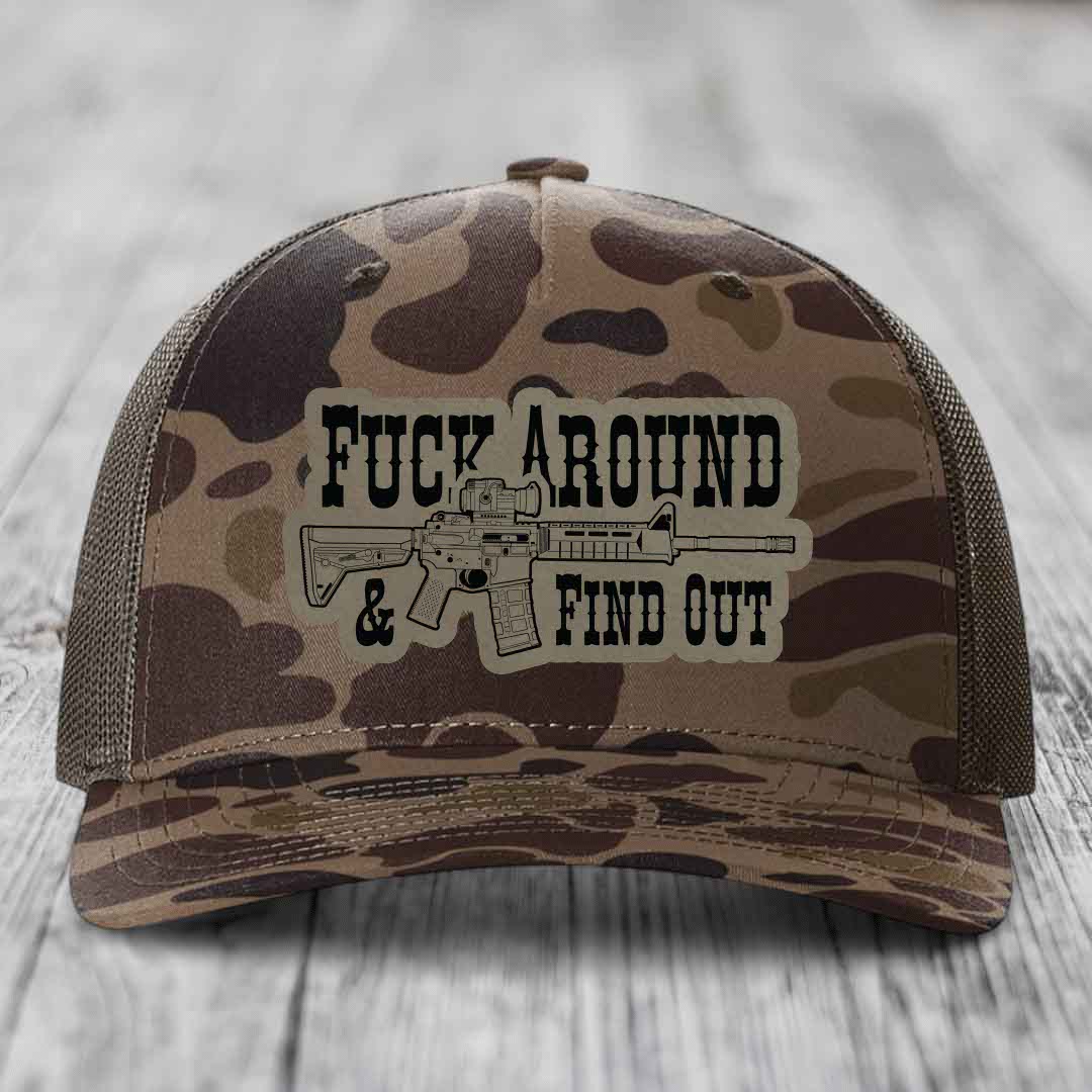 F*ck Around &amp; Find Out (AR-15) - Leather Patch Hat - Light Brown to Black Patch - Richardson 112PFP Snapback Trucker Hat