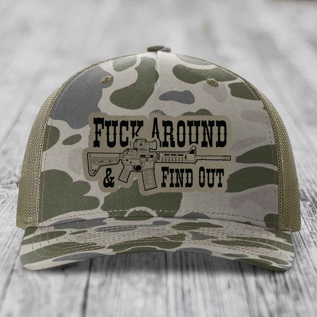 F*ck Around &amp; Find Out (AR-15) - Leather Patch Hat - Light Brown to Black Patch - Richardson 112PFP Snapback Trucker Hat