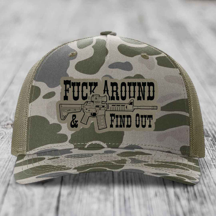F*ck Around &amp; Find Out (AR-15) - Leather Patch Hat - Light Brown to Black Patch - Richardson 112PFP Snapback Trucker Hat