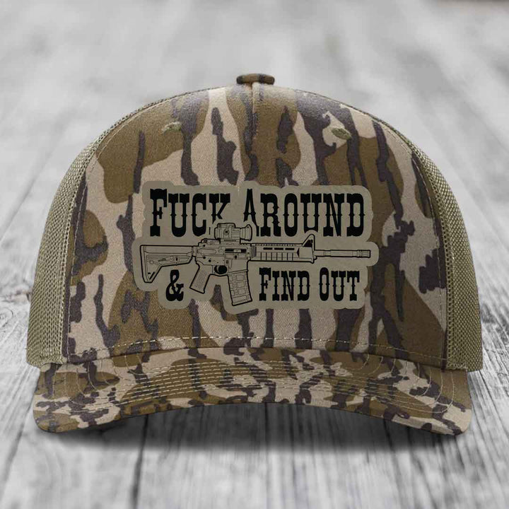 F*ck Around &amp; Find Out (AR-15) - Leather Patch Hat - Light Brown to Black Patch - Richardson 112PFP Snapback Trucker Hat