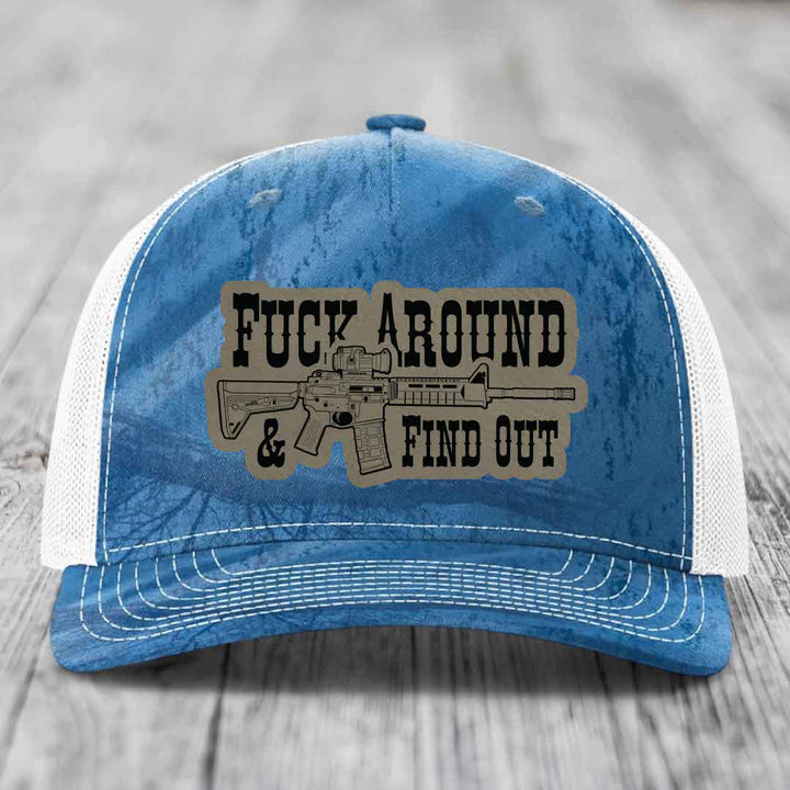 F*ck Around &amp; Find Out (AR-15) - Leather Patch Hat - Light Brown to Black Patch - Richardson 112PFP Snapback Trucker Hat
