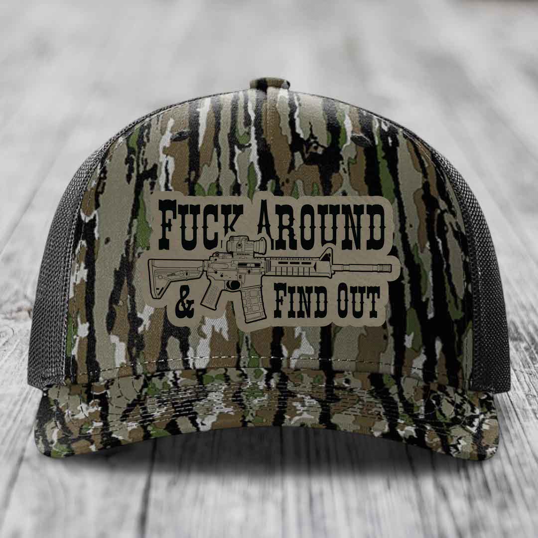 F*ck Around &amp; Find Out (AR-15) - Leather Patch Hat - Light Brown to Black Patch - Richardson 112PFP Snapback Trucker Hat