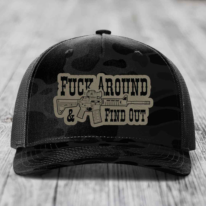 F*ck Around &amp; Find Out (AR-15) - Leather Patch Hat - Light Brown to Black Patch - Richardson 112PFP Snapback Trucker Hat