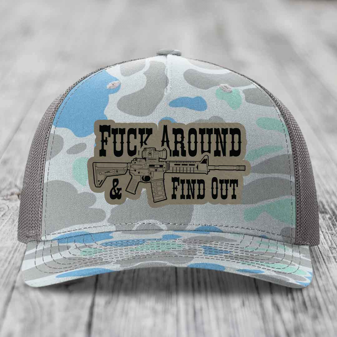 F*ck Around &amp; Find Out (AR-15) - Leather Patch Hat - Light Brown to Black Patch - Richardson 112PFP Snapback Trucker Hat