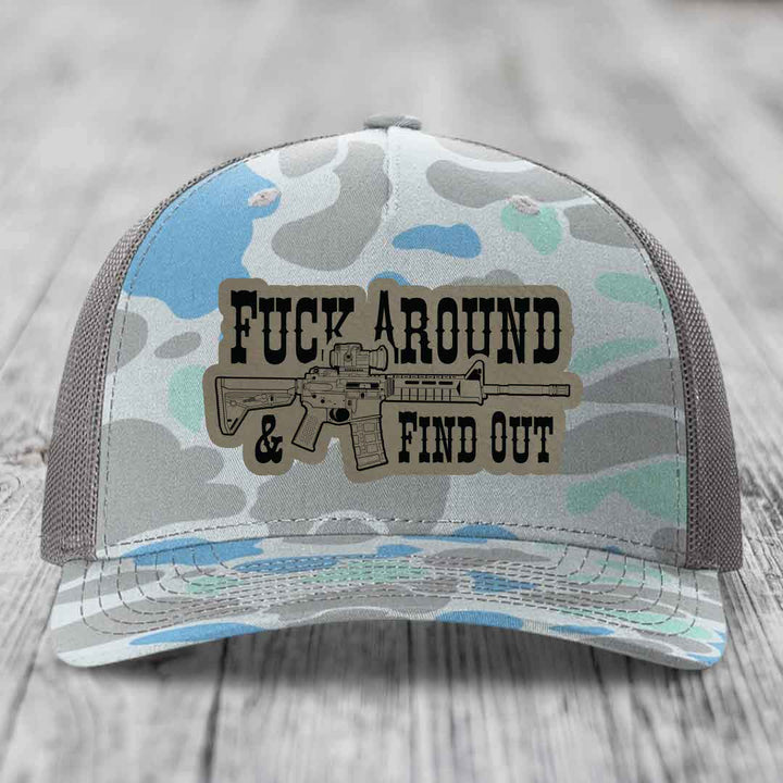 F*ck Around &amp; Find Out (AR-15) - Leather Patch Hat - Light Brown to Black Patch - Richardson 112PFP Snapback Trucker Hat